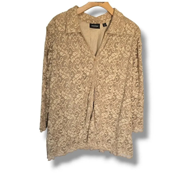 Avenue Stretch Women's Plus Size beige lace lined button-down Blouse - 18/20 - Picture 1 of 9